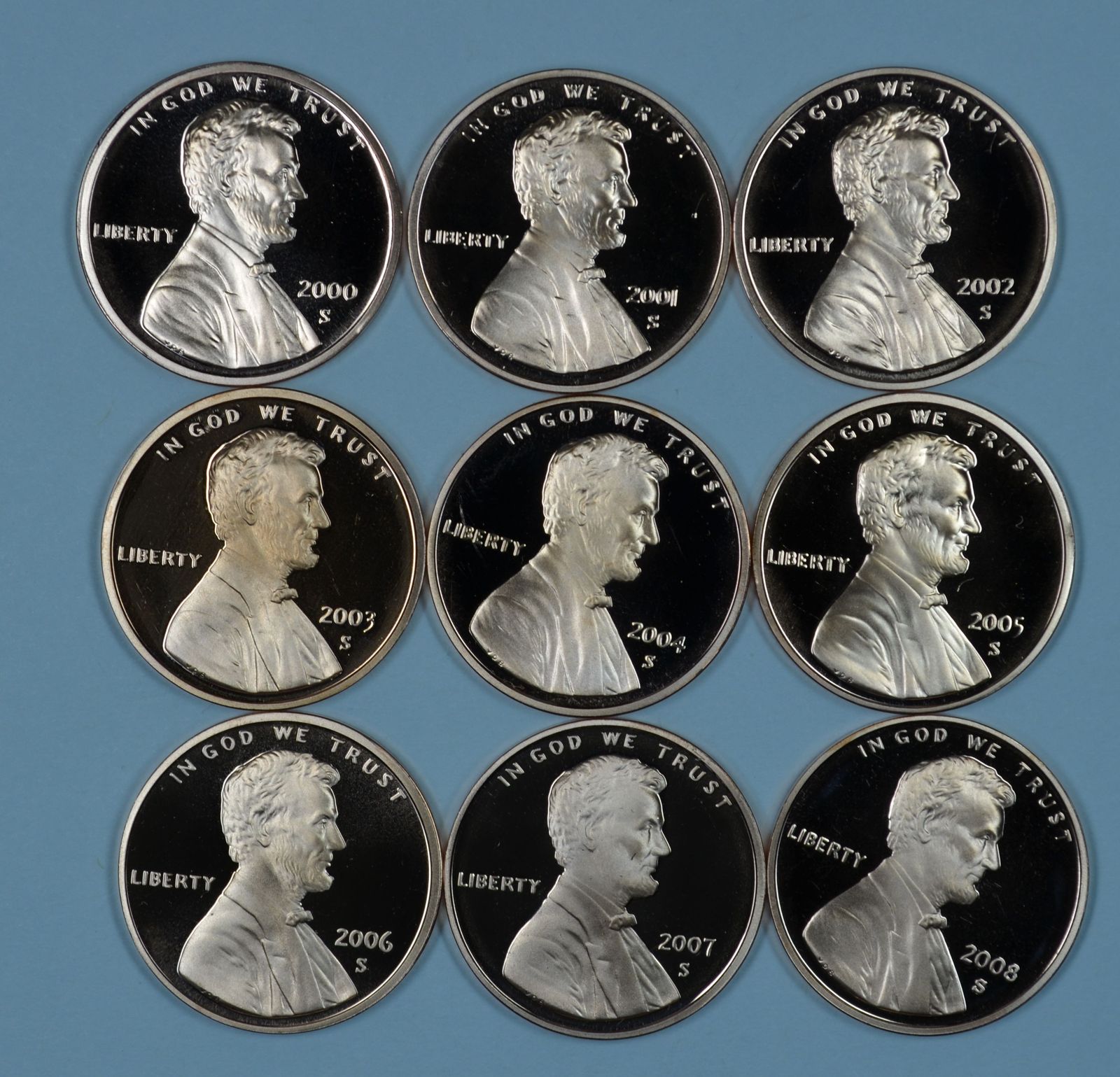 2000 - 2008 S Lincoln Memorial Proof penny/cent set - $15.00