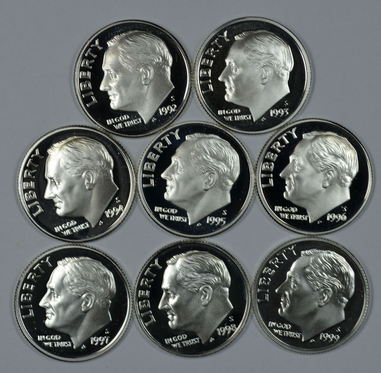 1992 - 1999 S Roosevelt silver proof dime set - $52.00