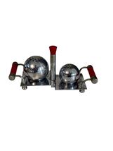 Vintage Japan Chrome Salt Pepper Shaker Set Tray Red Handles Mid Century... - $31.50