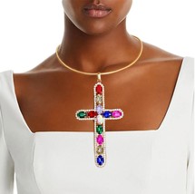 Multi Color Crystal Rhinestone Cross Pendant Gold Over Rigid Collar Necklace Set - £39.07 GBP