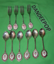 10 Demitasse Silverware Set 4 Forks 6 Spoons Rose Enamel Handle Top Stainless - £23.80 GBP