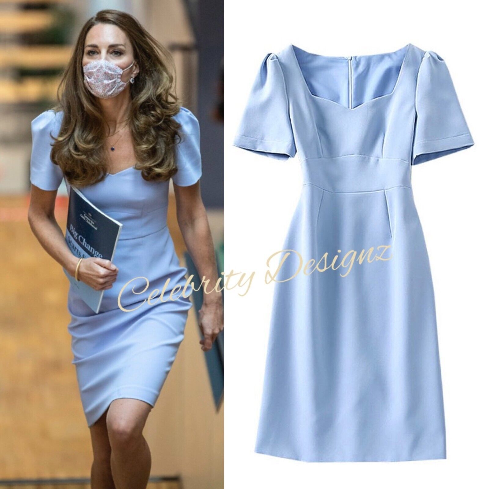 Kate Middleton Inspired Pale Blue Sweetheart Neckline Puffed Sleeve Shift Dress