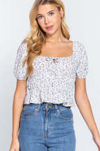 Off White Casual Short Sleeve Floral Shirring Print Woven Top - £7.99 GBP