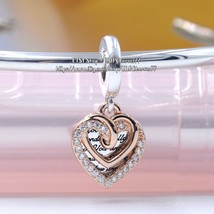 2022 Valentine’s Day 925 Silver &amp; Rose Gold Entwined Hearts Double Dangle Charm - £14.27 GBP