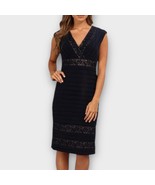ADRIANNA PAPELL black shutter pleat lace insert v neck sheath dress size 12 - $39.00