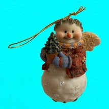 Christmas Chubby Snowman Angel Figurine Ornament With Wings Holding Xmas Tree - £13.87 GBP