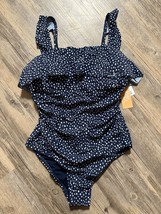 Kona Sol Swimsuit Women&#39;s One Piece Ruffle Blue Navy Polka Dot Size 14 - £11.37 GBP