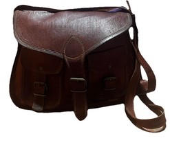 Komal&#39;s Passion Leather Brown Canvas Lined Crossbody Satchel Messenger Bag - $27.70