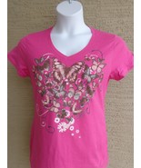 Hanes Small Cotton Graphic  V Neck Tee Shirt Pink  with Butterflies - £8.70 GBP