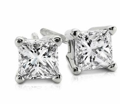 1.50CT Princess Cut Genuine F/VS2 Diamonds 14K Solid White Gold Stud Earrings - £1,838.51 GBP