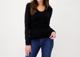 Encore by Idina Menzel Side Rouched U-Neck Tee with Long Sleeve JET BLACK, LARGE - £21.35 GBP