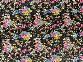 Fabric Remnant Pink &amp; Blue Flowers on Black Cotton Print Jo-Anne Stores 44 x 36&quot; - £10.97 GBP