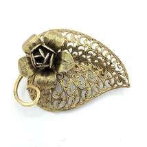 FILIGREE leaf &amp; flower vintage pin - delicate antiqued gold-tone 1.75&quot; b... - £11.79 GBP