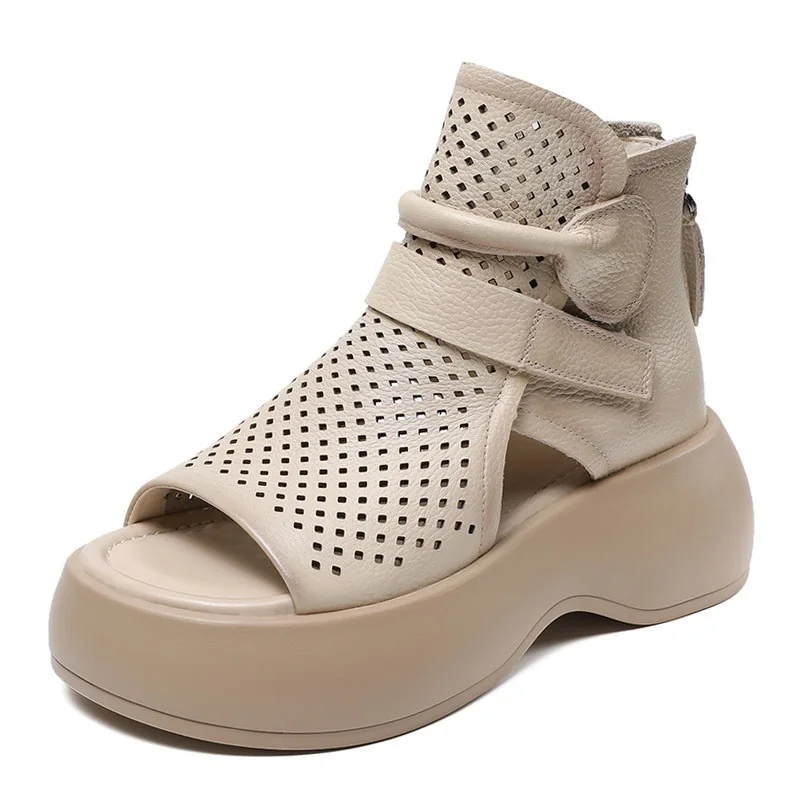 Handmade Retro Wedges Heel Sandals Women Open Toe Genuine Leather Platfo... - $100.78