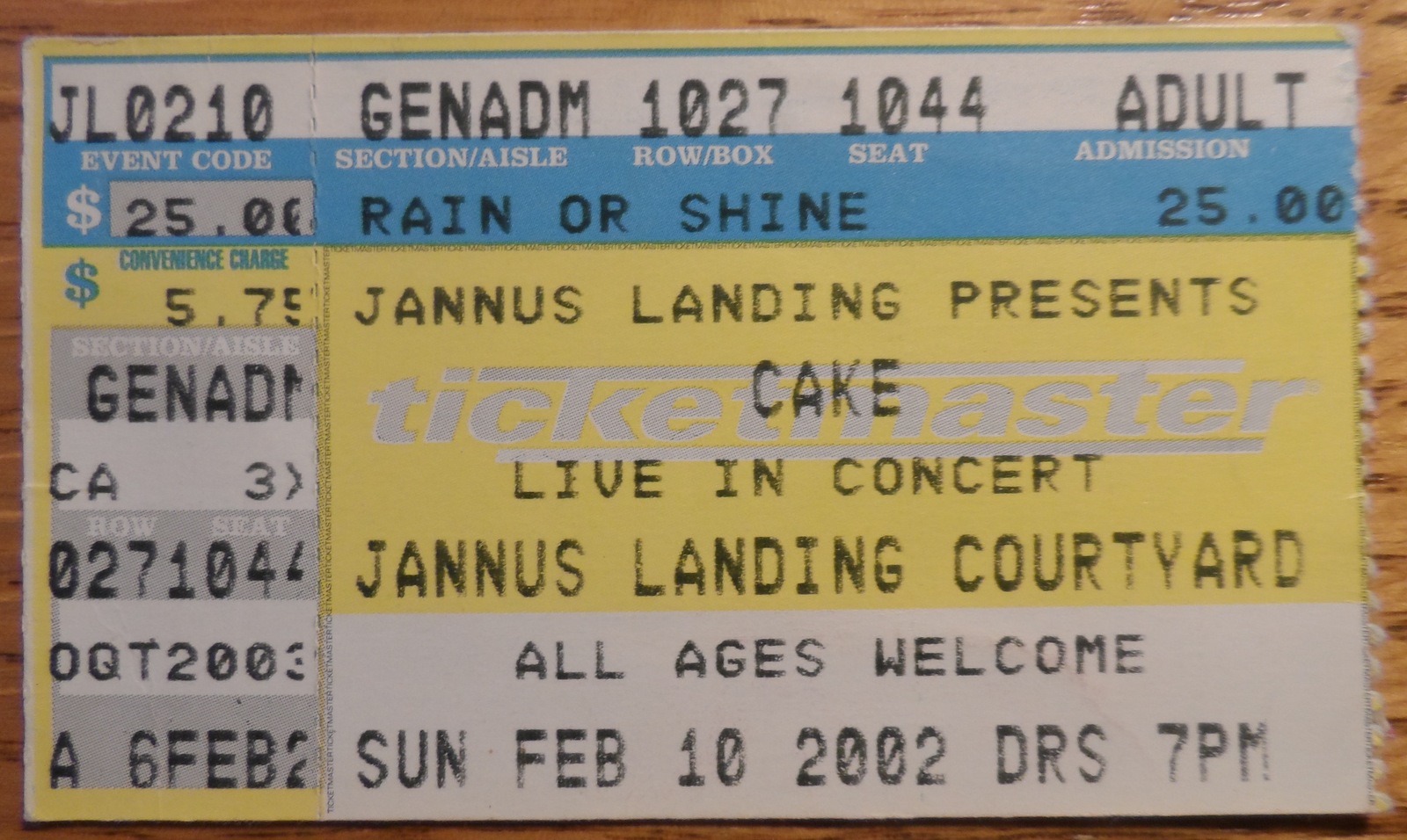 Cake Live In Concert Rare 2002 Ticket Stub Jannus Landing Courtyard Coll... - $6.75