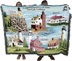 Lighthouses Of The Great Lakes Blanket - Split Rock Round Island Whitefish Rock - £62.32 GBP