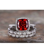 2Ct Cushion Cut Simulated Red Garnet Trio Bridal Set Ring925 Silver Gold... - €102,45 EUR