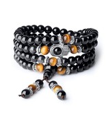 COAI 108 Mala Beads Black Obsidian Tiger Eye Stone Hamsa Hand Bracelet N... - £54.99 GBP