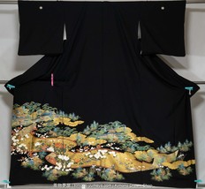 Japanese Temple Grounds Tomesode - Vintage Silk Women&#39;s Kimono - Hand Painted Bl - £74.24 GBP