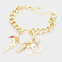 Gold Handcuffs Bullet Gun Chain Link Dangle Rhinestone Crystal Charm Bracelet - £20.63 GBP