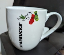 Starbucks ~ 2011 White Christmas Mug ~ Bird Mittens ~ 13 f oz Coffee Cup - £6.00 GBP