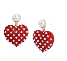 Betsey Johnson Faux Stone Imitation Pearl Heart Drop Earrings Red - £36.14 GBP