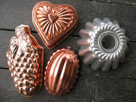 4 Vintage Aluminum Jello Molds Grapes Heart Melon Fluted Bundt Pan Sweden Copper - £12.78 GBP