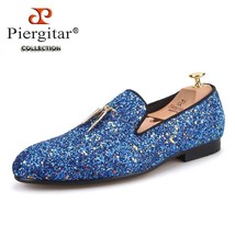 new blue and sky blue colors handmade Classic men&#39;s loafers with gold me... - £218.94 GBP
