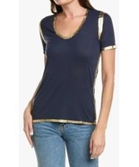 Zadig &amp; Voltaire Tino Gold Foil Trimmed Tee In Marine Blue Top $98 Sz XS... - $44.54