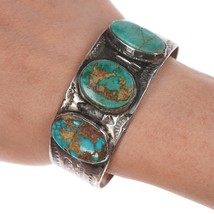 6 1/8&quot; Vintage Navajo silver and turquoise stamped thunderbird cuff bracelet - £541.24 GBP
