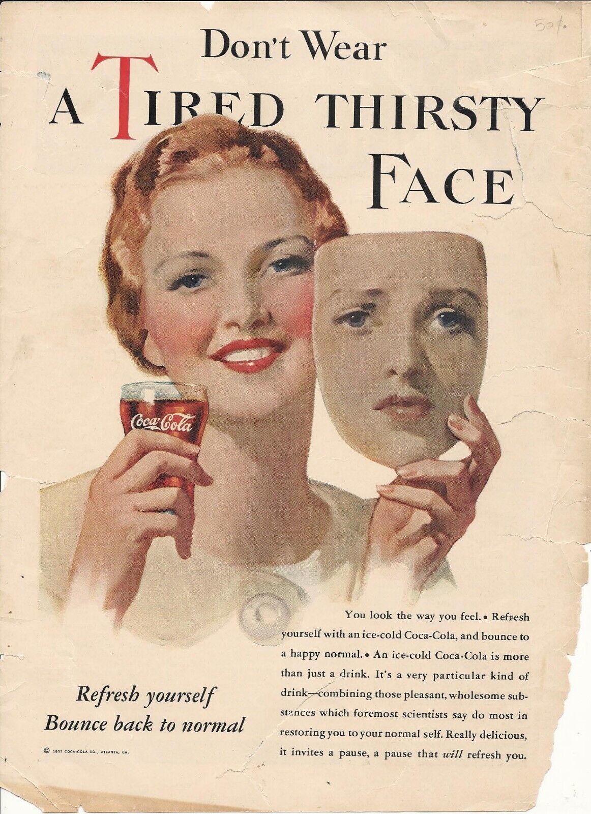 Coca Cola Magazine Ad A Tired Thirsty Face   1933 - £1.95 GBP