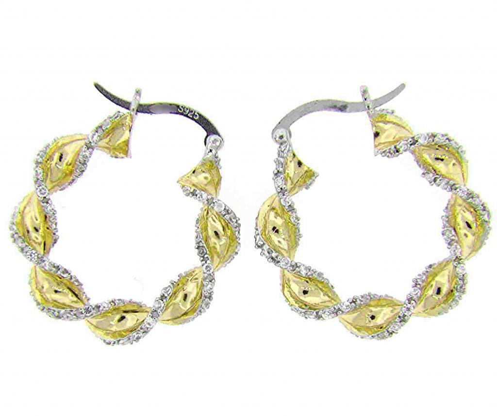 Twisted Pave Cubic Zirconia CZ Out Lined Yellow Sterling Silver Hoop Earrings - $69.29
