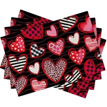 Red Black Valentine&#39;S Day Hearts Placemats Set Of 4, Buffalo Plaid Check Leopard - £15.97 GBP