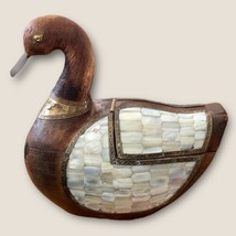 Vtg Wood Duck Handcrafted Hinged Basket w/ Brass Mother of Pearl Wings Farmhouse - £72.96 GBP