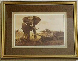 African Wildlife &quot;Elephant Defending&quot; Art Print Outdoorsman Hunter - Bob Kuhn - £195.13 GBP