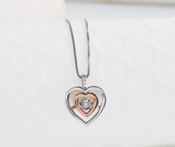 10K Rose Gold Sterling Silver 1/20Ct Diamond Twin Heart Pendant Necklace - £79.63 GBP