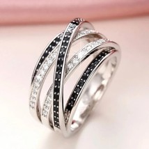 Gift 2Ct Crossover Black &amp; White Zircon Wedding Band Ring in 925 Silver (Size 7) - £128.12 GBP