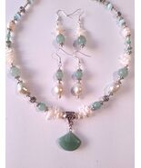 Jade pearl coral silver jewelry set Nephrite earrings necklace set silve... - $115.49 CAD