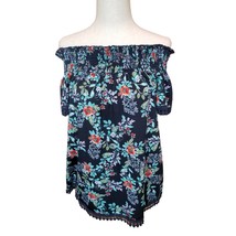 Off the Shoulder Blue Floral Top Blouse Size M Womens Flowers Black w Blue Trim - £12.01 GBP