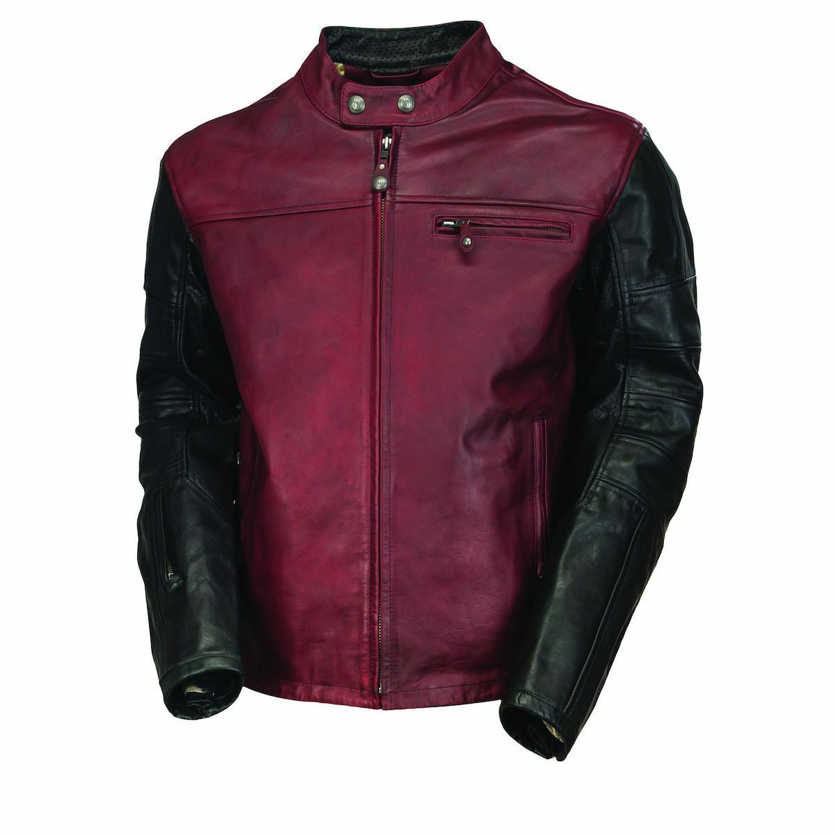 Men Maroon Black Cont Motorcycle Front Zipper Genuine Leather Safety Pads jacket