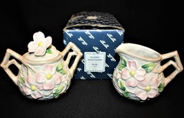 Fitz &amp; Floyd Pink Dogwood Flowers Bluebird Pattern Creamer, Sugar &amp; Lid in Box - £27.94 GBP