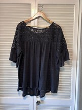 ANA Woman Black Semi Sheer Lace Detail Top Bell Sleeves Pleated Plus Siz... - $14.54