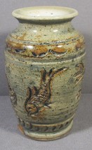 Studio Art Pottery Vase Small Fish Etched Pattern Signed 4&quot; Tall x 3&quot; Wide 1996. - £15.71 GBP