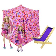 Pink Toy Pop Up Doll, Stuffed Animal Tent, 2 Sleeping Bags, Heart Print Fabric - £19.57 GBP