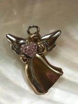 Estate LC Liz Claiborne Signed Silver &amp; Goldtone ANGEL w Pink Rhinestone Heart - £9.01 GBP