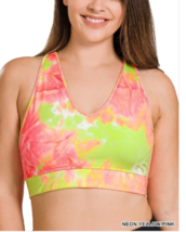 Zenana 2X Tie Dyed Mesh Lined Racer Back  Removable Padded Bra Yellow/Pink - £10.45 GBP