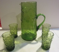 Vintage  Green Glass Pitcher and Juice Glasses / MCM - $71.25