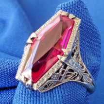 Vintage Deco Ruby Solid 14k White Gold Filigree Statement Engagement Rin... - $1,420.25