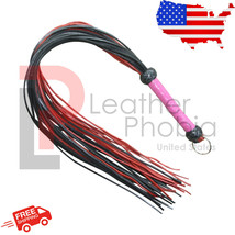 Genuine Red &amp; Black CowHide Leather Flogger 24 Tails Pink Handle Fully Handmade - £71.42 GBP