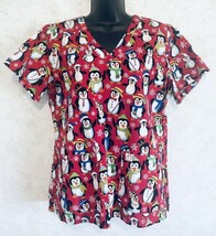 Peaches Scrub Uniform Top Glittery Shiny Penguins Snowflakes Womens Size Large - £15.38 GBP